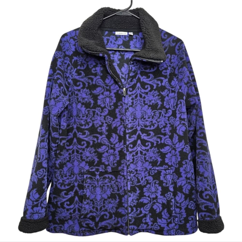 Croft and Barrow Black and Purple Floral Zip-Up Fleece Pocketed Jacket XL